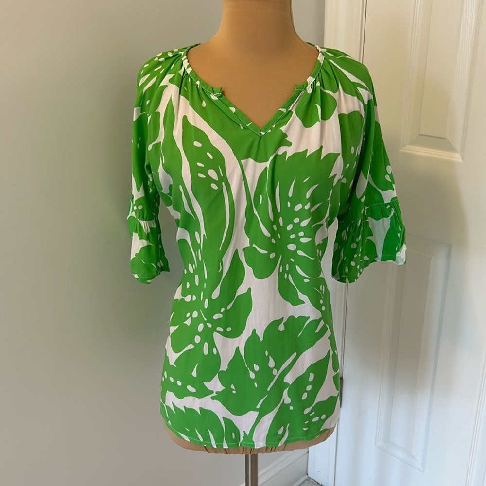 Barbara Gerwit Green White Leaf Print Blouse